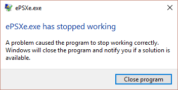 epsxe stopped working windows 10
